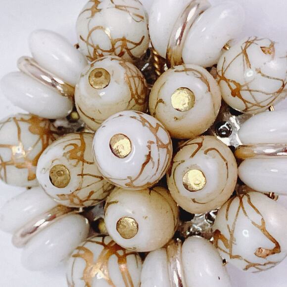 Vintage Stamped West Germany White Gold Tone Glass Bead Cluster Clip Earrings - Picture 12 of 13